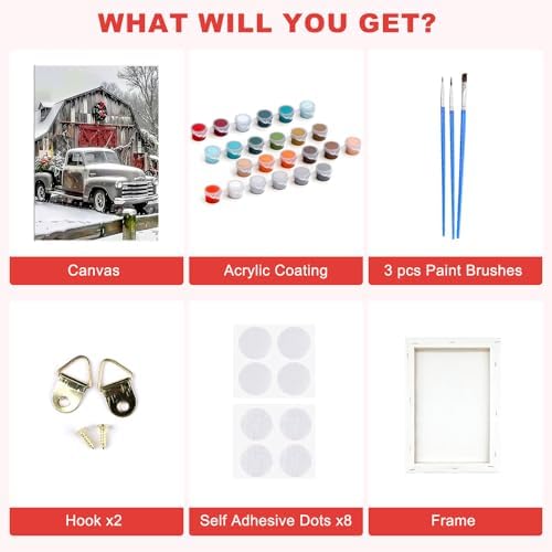 SENQAO Christmas Paint by Numbers for Adults Beginners Framed, Farmhouse Truck Adults' Paint-by-Number Kits, Adult Paint by Number Kits on Canvas, Acrylic Number Painting for Home Decor, 8x12in