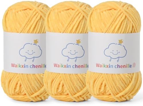 Skinny Chenille Yarn for Crocheting, 3 Pack of 1.75 oz/109 yds Amigurumi Yarn&Baby Yarn for Crocheting Soft, Fluffy Fingering Weight Velvet Yarn for DIY Crafts&Baby Blankets.(3 Yellow)