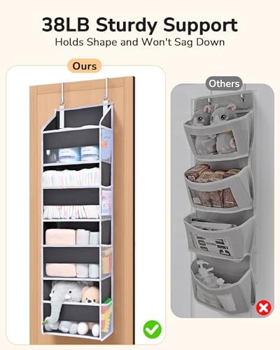 ULG 1 Pack Small Over Door Organizer with 4 Large Pockets 8 Mesh Side Pockets, Hanging Storage Organizer with Clear Window Kids Toys Deep Gray