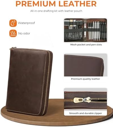 STAGEEK 45PCS Black & Silver Metal Mechanical Pencil Set in Leather Case | 8PCS Art Drafting Pencils, 0.5, 0.7, 0.9, 2.0MM Mechanical Drawing Pencils, 28 Tube (6B 4B 2B HB 2H 4H & Colors) Lead Refills