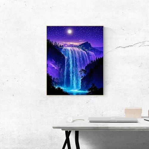 ldazao Framed Paint By Numbers Kit for Adults, Starry Waterfall Paint By Number Artist Kits for Beginner Acrylic On Canvas Forest Oil Painting Kit for Gift Home Wall Decor 9.5x12 Inch