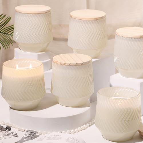 6 Pcs 13.5 OZ Creamy Large Candle Jars for Making Candles, Ribbed Unique Candle Jars, Glass Jars with Wooden Lids and Labels for Candle Making Supplies, Container, Home Decor, Gift