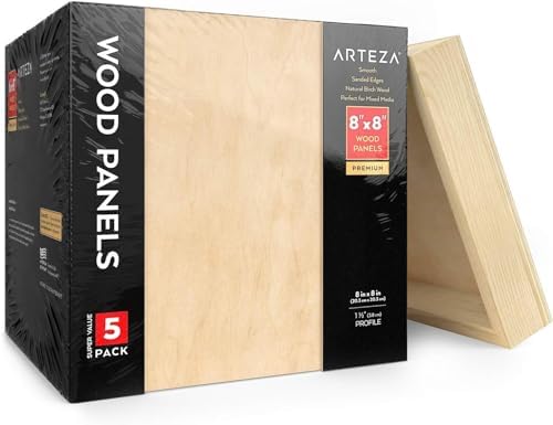 Arteza Wooden Canvas Board, 8x8 Inch, Pack of 5, Birch Wood, Cradled Artist Wood Panels for Painting, Encaustic Art, Wood Burning, Pouring, Use with Oils, Acrylics | 1.5 in Profile, Smooth 5 mm Surface, Sanded Edges, For Oil, Acrylic Pouring, Wood Burn...