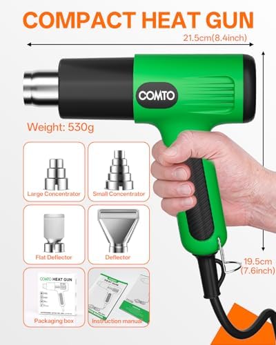 Heat Gun, 1600W Hot Air Gun with 2 Heat Settings, Green | 752°F/1112°F Dual Heat Control, 4 Metal Nozzles, Overheat Protection, PA66 Housing, 1.1lb Lightweight Design, Non-Slip Grip