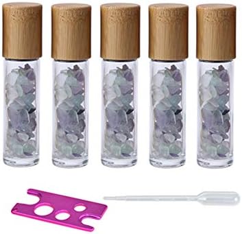 5 Pack 10ml Clear Roll On Bottles With Natural Chakra Crystal Chips for Essential Oils,Perfume Glass Roller Bottles Container Bamboo Lid,Crystal Roller,Pipette&Opener Included (Fluorite)