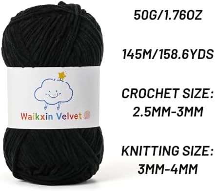 3 Pack Fluffy Chenille Yarn for Crocheting，Baby Yarn for Crocheting Soft，150g/5.28oz Velvet Amigurumi Yarn ，Fingering Weight Yarns for Crocheting Baby Blankets、DIY Craft.(3 Black)
