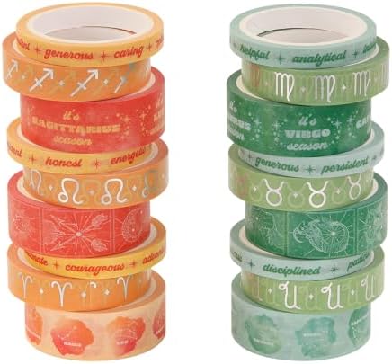Washi Tape Set of 18 Rolls, Assorted Sizes, Decorative Tape for Journaling, Scrapbook, DIY Décor, Craft Supplies, Gift Wrapping, Metallic Foil, Celestial Orange and Green