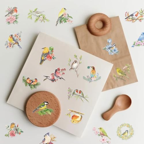 50 Pack Watercolor Bird Transparent Stickers for Teens - Floral Nature Birds Decals Waterproof PET Scrapbook Decals for Journal, Guitar, Notebook, Phone Case - Ins Aesthetic Nature Art Sticker Set