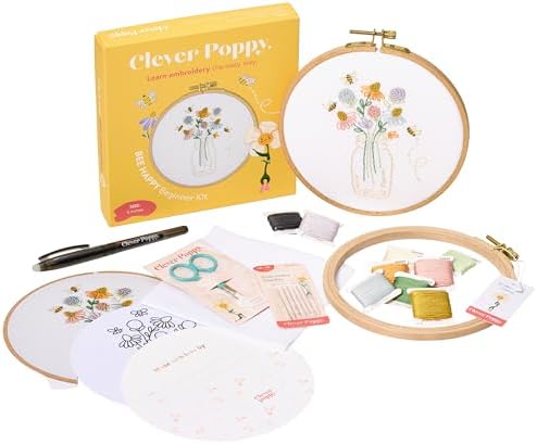 Clever Poppy Bee Happy Beginner Embroidery Kit – Easy Embroidery Kit for Beginners with Hoop, Thread & Patterns – Hand Embroidery Kit for Adults and Teens – Complete Embroidery Starter Kit