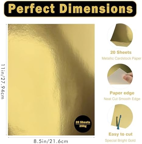 Gold Cardstock 8.5x11 in, 92lb/250GSM Metallic Shimmer, 20 Sheets ﻿