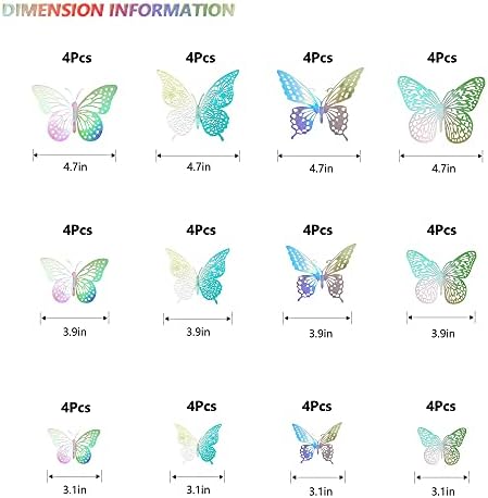 SAOROPEB 3D Butterfly Wall Decor 48 Pcs Laser Butterfly Birthday Decoration | 4 Styles 3 Sizes, Butterfly Party Decorations Cake Decorations, Removable Stickers