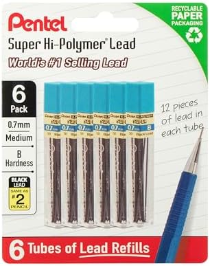 Pentel Super Hi-Polymer Lead Refills, 0.7 mm, B, 72 Pieces (12 pcs per tube, 6 tubes)
