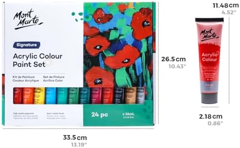 Mont Marte Acrylic Paint Set 24 Colours 36ml 2 PACK, Perfect for Canvas, Wood, Fabric, Leather, Cardboard, Paper, MDF and Crafts