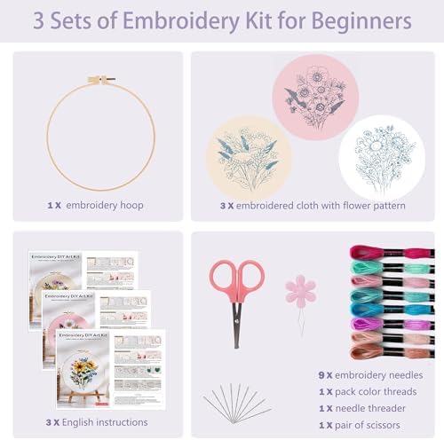 Offizon 3 Sets Embroidery Kit for Beginners Adult DIY Cross Stitches