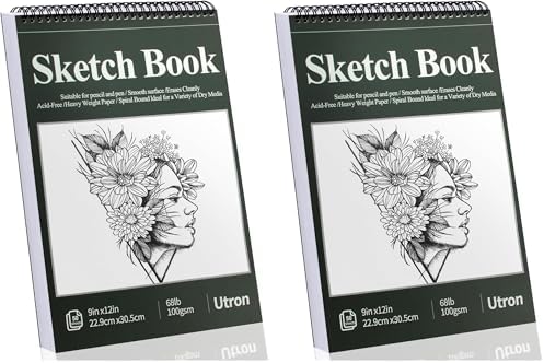 Utron 9"x12" Sketchbook Drawing, Top Spiral Sketching Pad, 100GSM/68LB Acid Free Art Sketching Pad, Drawing Paper, Beginner Artist (50 Sheets, White) (Pack of 2)