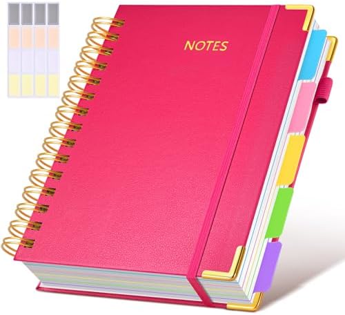 Hardcover Spiral Notebook journal with Removable Dividers Tabs, 300 Pages Leather 5 Subject Notebook College Ruled, 100GMS A5 Notebooks for Work School Note taking,Lined Journal for Women,A5-Rose