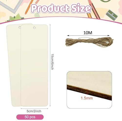 50 Sets 6 x 2 Inch Large Wooden Bookmarks with Holes and Ropes