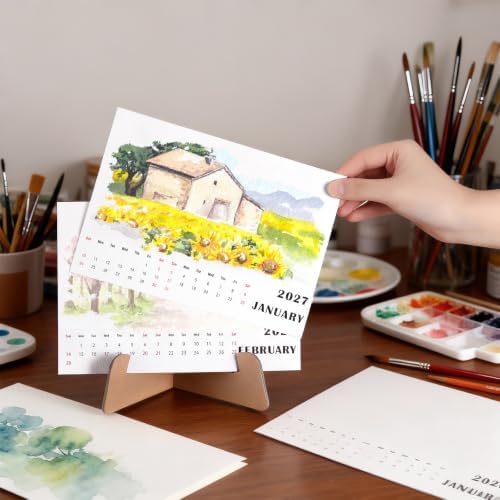 Faccito Watercolor Calendar Set for 2027-2028 Paint Desk Calendar 24 Sheets Watercolor Paper Bulk with Desktop Bracket Art Supplies for Crafts and DIY Media(5.8 x 8.3inch)