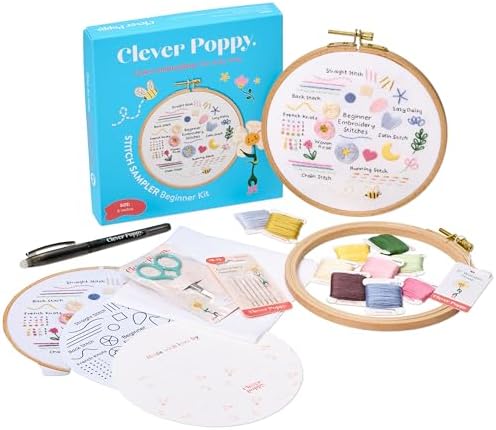 Clever Poppy Stitch Sampler Beginner Embroidery Kit – Easy Embroidery Kit for Beginners with Hoop, Thread & Patterns – Hand Embroidery Kit for Adults and Teens – Complete Embroidery Starter Kit
