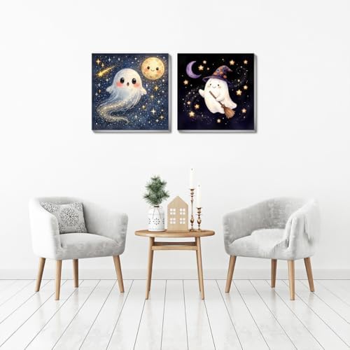 pchmcu 2 Pcs Halloween Paint by Numbers Kits for Kids Framed - Ghosts Adults' Paint-by-Number Kits on Canvas Easy Acrylic Oil Painting by Number for Home Decor Gifts 8x8 inchs
