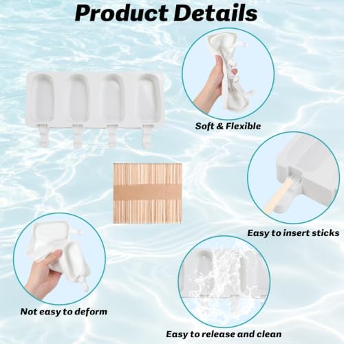 Popsicles Molds, 2Pcs Homemade Cake Pop Molds with Wooden Popsicles Sticks, Reusable Silicone Ice Pop Cream Cakesicle Maker Mold 4 Cavities for Home DIY Craft, White
