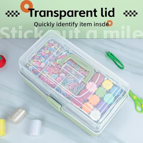 TERGOO 14in 3-Layer Multipurpose Craft Organizers and Storage with Adjustable Dividers, Portable Tackle Box, Folding Art & Craft Case for Medicine, Tool, Sewing Organizer (Haze Green, X-Large)