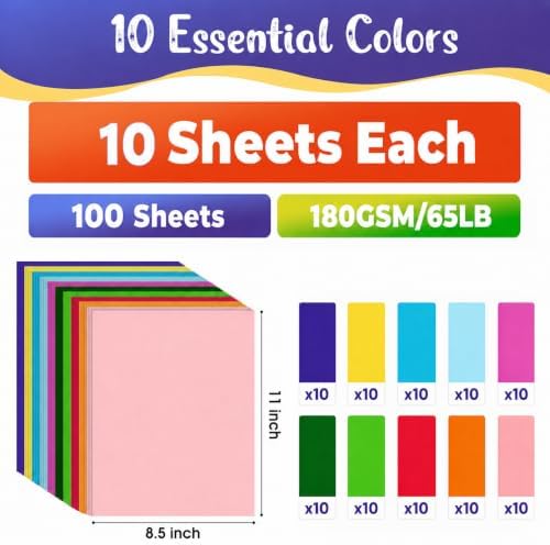 CreGear 100 Sheets Colored Cardstock Paper 8.5 x 11, 10 Colors Card Stock