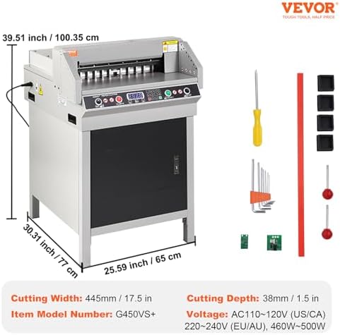 VEVOR Electric Hydraulic Paper Cutter, Heavy Duty Paper Cutter Machine, 1.57 in / 40 mm Cutting Thickness, 18 in / 457.2 mm Cutting Width, Industrial Paper Trimmer with Button Control