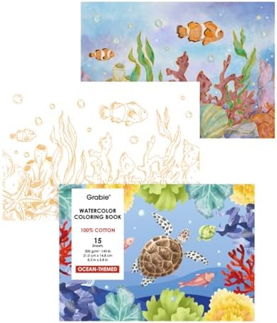 Grabie Watercolor Coloring Book, 15 A5 Cotton Sheets, Ocean Themed