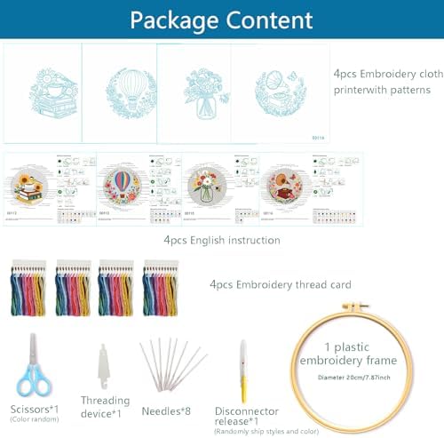 Zhenqing 4-Piece Floral Embroidery Kit for Beginners, Books Hot Air Balloon Wildflower Gramophone Needlework Set with Pre-Printed Fabric, Hoop & Threads (C0159)