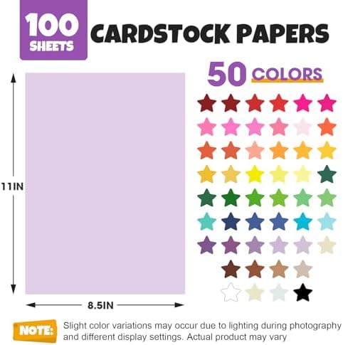 TUXIYA 100 Sheets 8.5" X 11" Colored Cardstock, 50 Colors Card Stock | 50 Assorted Colors Construction Paper Printer Paper for Printing, Card Making, DIY Crafts, School Supplies,Party 180GSM/65LB