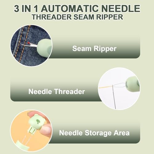 Automatic Needle Threaders Seam Ripper, Upgraded 3 in 1 Sewing Needle Threader Tool, 2Pcs Stretchable Quick Seam Rippers with Needle Storage for Hand Quilling, Embroidery Stitch Removal(Green)