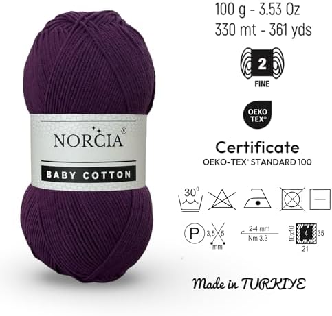 Baby Cotton, 55% Cotton 45% Acrylic Yarn, Fine/Sport (2) for Crochet and Knitting, Soft Amigurumi Yarn, 100 gr (361 yds)