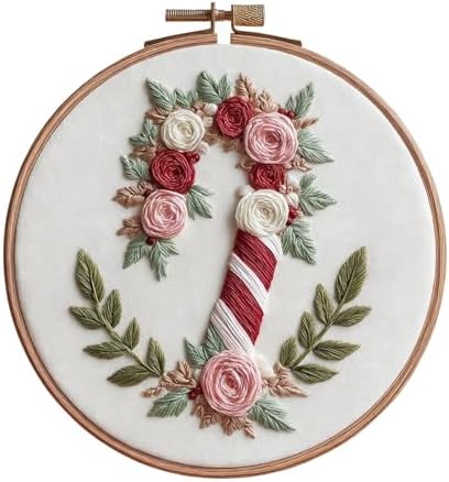 IUHUI Embroidery Kit for Beginners Adults - Anticipated Christmas Patterns, DIY Hand Stitching Embroidery Set with Hoop (Floral Candy Cane)