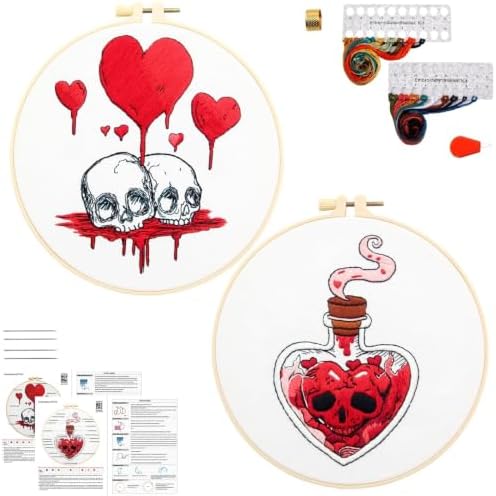 Halloween Goth Embroidery Kits for Beginners Adults, Dark Skull Embroidery Sets Needlepoint Kits, Halloween Stamped Cross Stitch Kits for Beginners Adults, 2 Embroidery Hoops (Attached Video Tutorial)