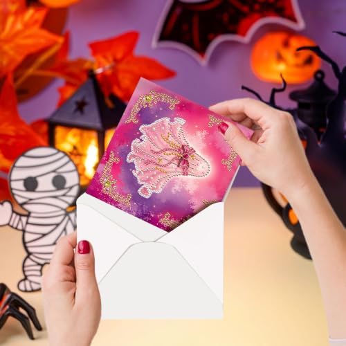 POETRYDRAW DIY Diamond Art Painting Greeting Card Kit, Creative Craft Set for Card Making，Pink Halloween