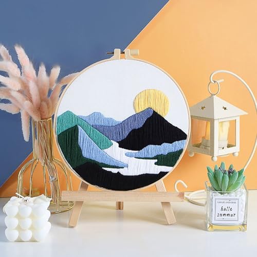FONNUY 2 Set Embroidery Kit DIY for Adult Beginner, Pre-Stamped Patterns Mountain Sea Embroidery Kits with Hoop, Colored Threads and Needles, Easy to Follow Needlework (Blue)
