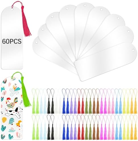 120 Pcs Clear Acrylic Bookmark Blanks 6" x 2", Transparent Semicircle Blank Acrylic Bookmarks Bulk 60pcs Plastic Book Page Markers with 60pcs Book Mark Tassels for DIY Crafting Projects and Gift Tags