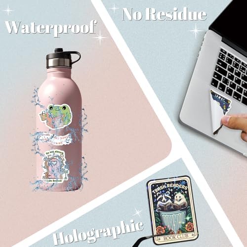 300 PCS Book Stickers for Kindle, Bookish Sticker Pack Reading Glitter Waterproof Vinyl Decals for Laptop, Ebook Readers, Water Bottles, Phone, Journal, Scrapbook, No Repeats (Holographic)