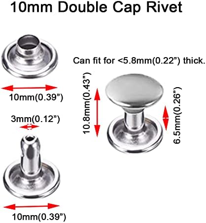 160sets Stainless Steel Leather Rivets Double Cap Rivet Tubular Metal Studs Repairs Decoration Craft Accessories for Leather Craft Clothes Shoes Bags Belts (10mm Silver)
