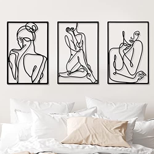 CHENGU 3 Pieces Metal Minimalist Abstract Woman Wall Art Line Drawing Wall Art Decor Single Line Female Home Hanging for Kitchen Bathroom Living Room