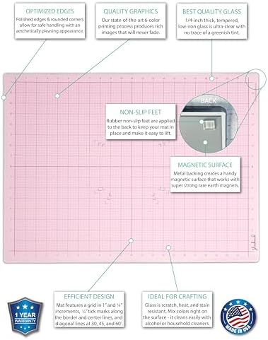 GLASSBOARD STUDIO Glass Craft Mat - Magnetic, Heat & Scratch Resistant - For Crafting, Cutting, Painting, Mixed Media Artwork - Grid Lines, Non-Slip Rubber Feet (Blush 18"L x 24"W)