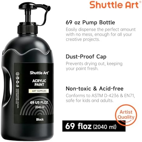 Shuttle Art Black Acrylic Paint, 69oz/2040ml Large Capacity Pump Bottle with Cover, High Coverage True Black, Fast Drying Non-Toxic Art Paint for Artists, Students, Kids & DIY Crafts