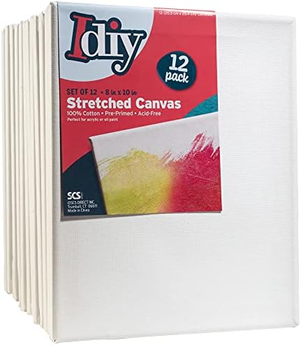 iDIY Stretched Canvas Board 8 x 10 (Set of 12) 5/8" - Classic White Blank, Pre Primed for Oils or Acrylics, 100% Cotton, Acid Free - Professional Grade for Painting or Art Project, Craft, Mixed Media