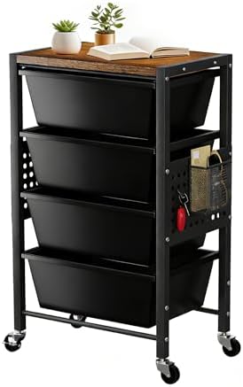 Rolling Cart with 4 Drawers, Plastic Drawer Storage Carts with Wheels & Wooden Tabletop, Metal Utility Cart with Pegboards, Office Living Room Classroom Craft Organization and Storage, Dark Black