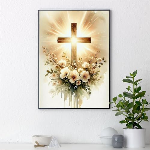 Yezavesu Christian Cross Diamond Art Kits for Adults Beginners 12x16 Inch | Cross Flowers Diamond Painting, DIY 5D Full Round Drill Gem Art, Stress Relief Craft Kits, Home Wall Decor Gift, 12x16 Inch