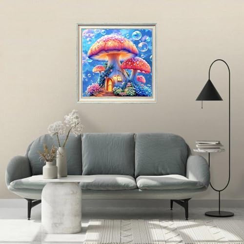 TYPUSOK Mushroom Diamond Art Kits for Adults,Round Full Drill 5D Diamond Painting Kits for Beginners,Mushroom House DIY Diamond Dots Pictures Gem Art Kit,Home Wall Decor 13.78x13.78in