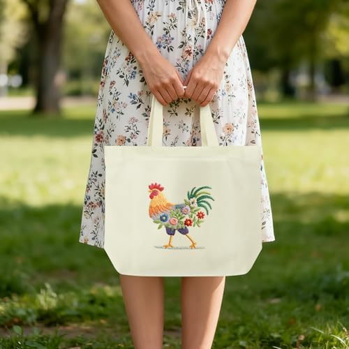 ERKOON Canvas Tote Bag Embroidery Kit for Beginners, Floral Arts Crafts Cross Stitch Kits for Adults Including Stamped Embroidery Bag with Hoops, Needle, Instruction and Color Threads (Rooster)