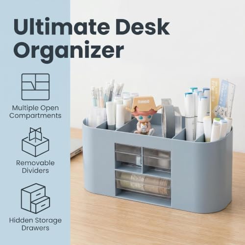 School Supplies Organizer with Drawers, Pen Holder, Blue