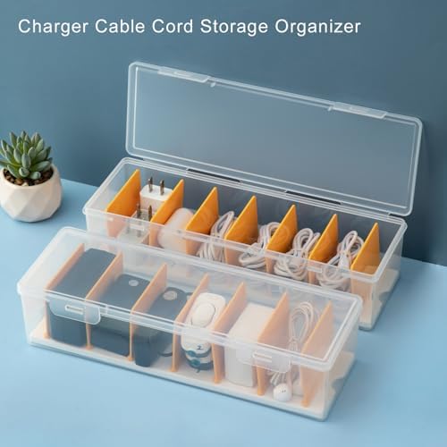 Vidifor 2-Pack Clear Cable Organizer Box with Adjustable Dividers, Portable Cord & Charger Storage for Drawer, Desk, Office & Home(Clear+Yellow-2pack)